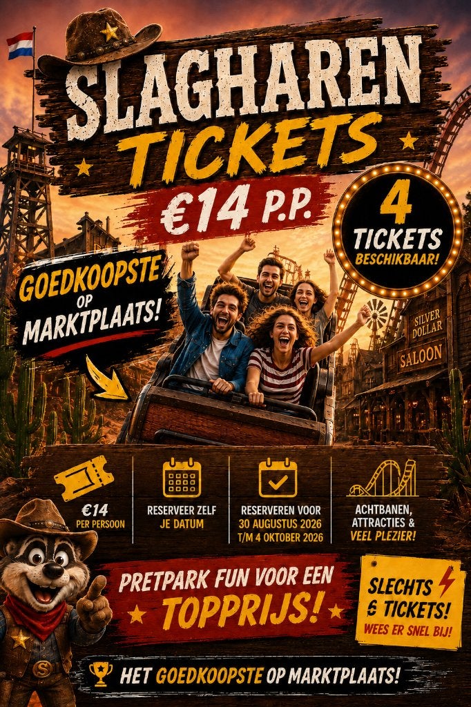 SLAGHAREN 4 tickets €14 PP 101% BETROUWBAAR TURBO REACTIE, Tickets en Kaartjes, Drie personen of meer, Ticket of Toegangskaart