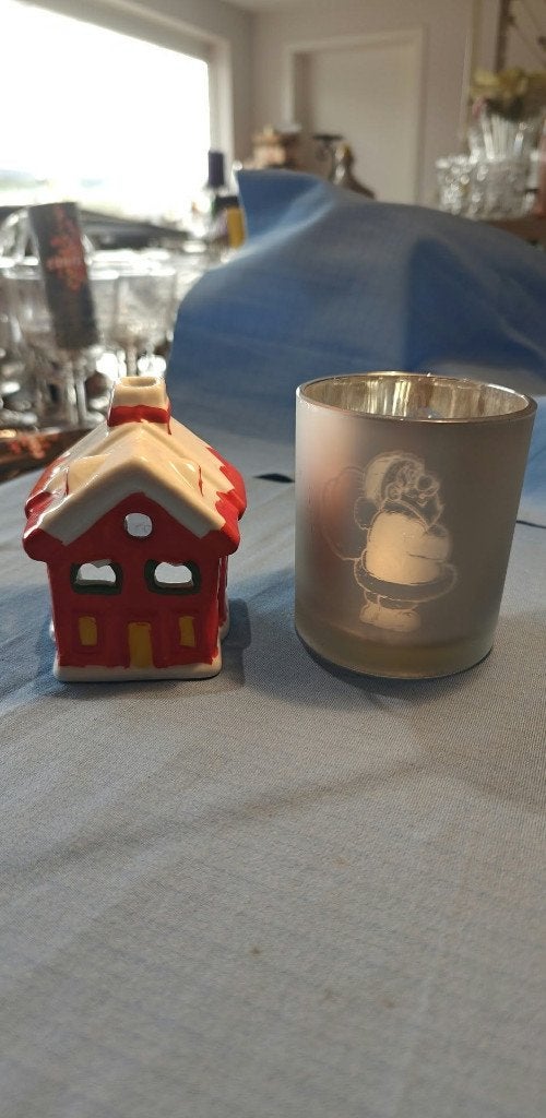 theelichtjes kersthuisje en glas met kerstman, Ophalen of Verzenden, Zo goed als nieuw