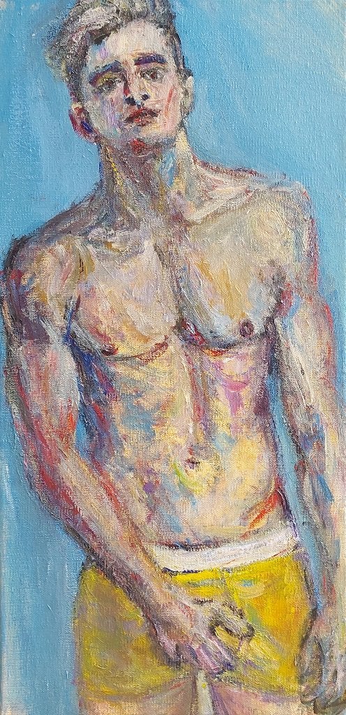 Mooi schilderij op doek 'Stoere jongeman' Queer Art, Ophalen of Verzenden, Op houten frame, Acrylverf, Figuren