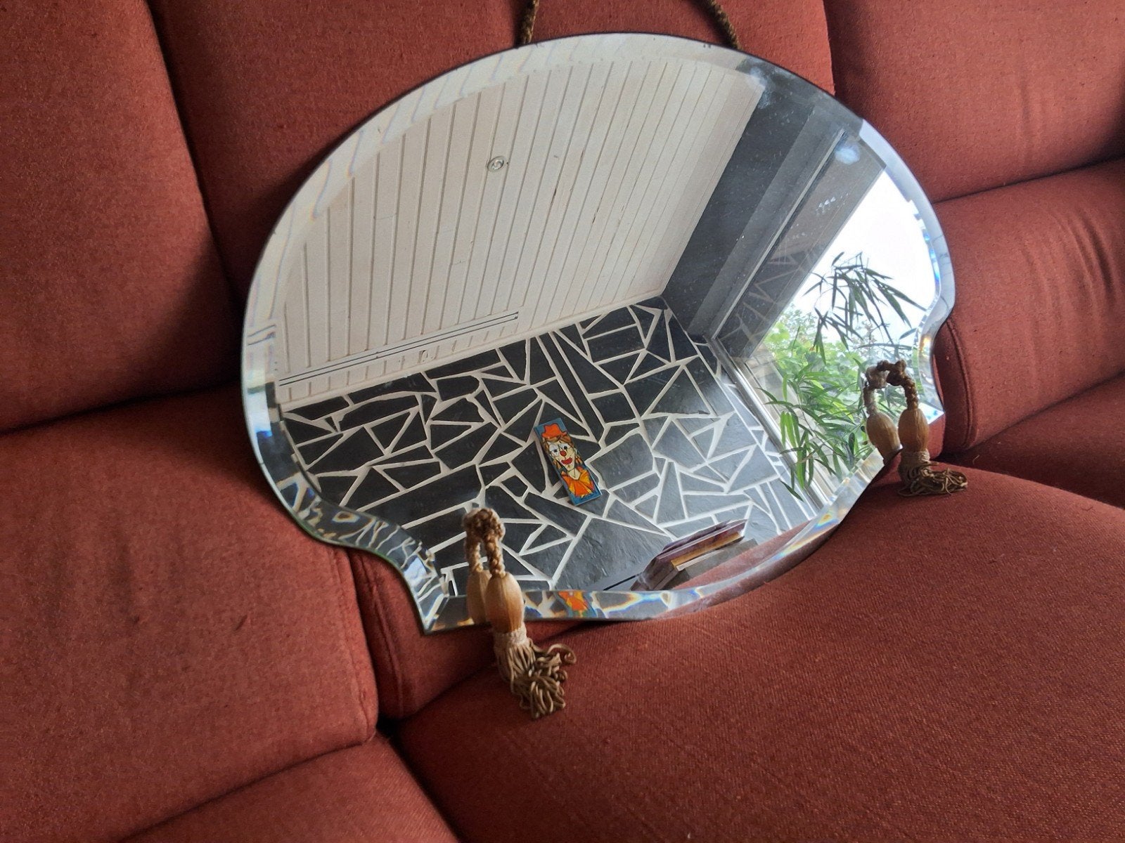 magnifique miroir ancien biseauté avec pompons et corde, Enlèvement, Autres formes, 50 à 100 cm, Moins de 100 cm