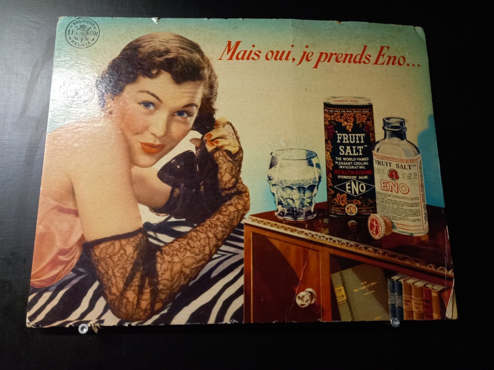 Vintage ENO Fruit Salt reclameplaat België – ca. 1950 – orig, Verzamelen, Ophalen, Verpakking