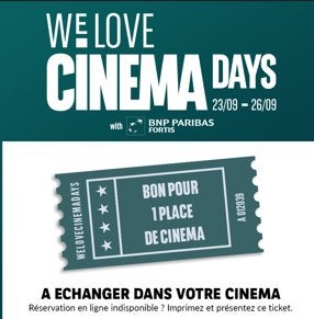 Tickets de cinéma - We Love Cinema Days (23/09 au 26/09)