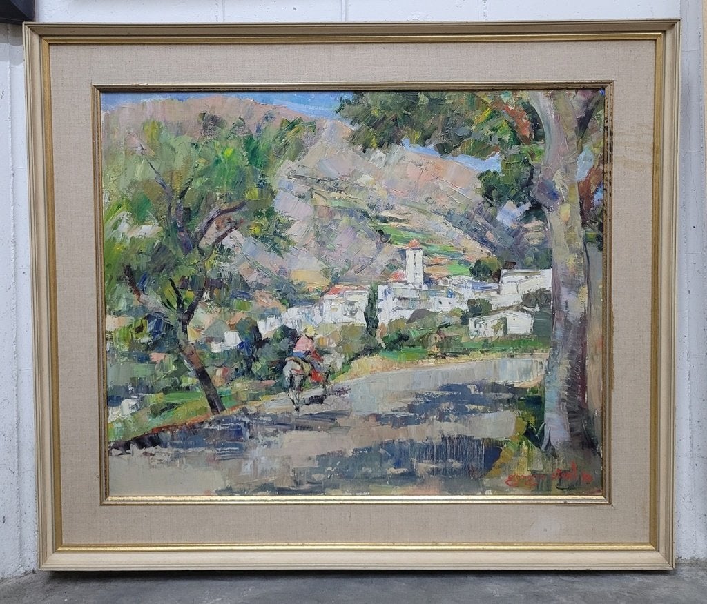 Georges STEEL, op weg naar het witte dorp, Doek, Ophalen of Verzenden, Gedateerd, Landschap