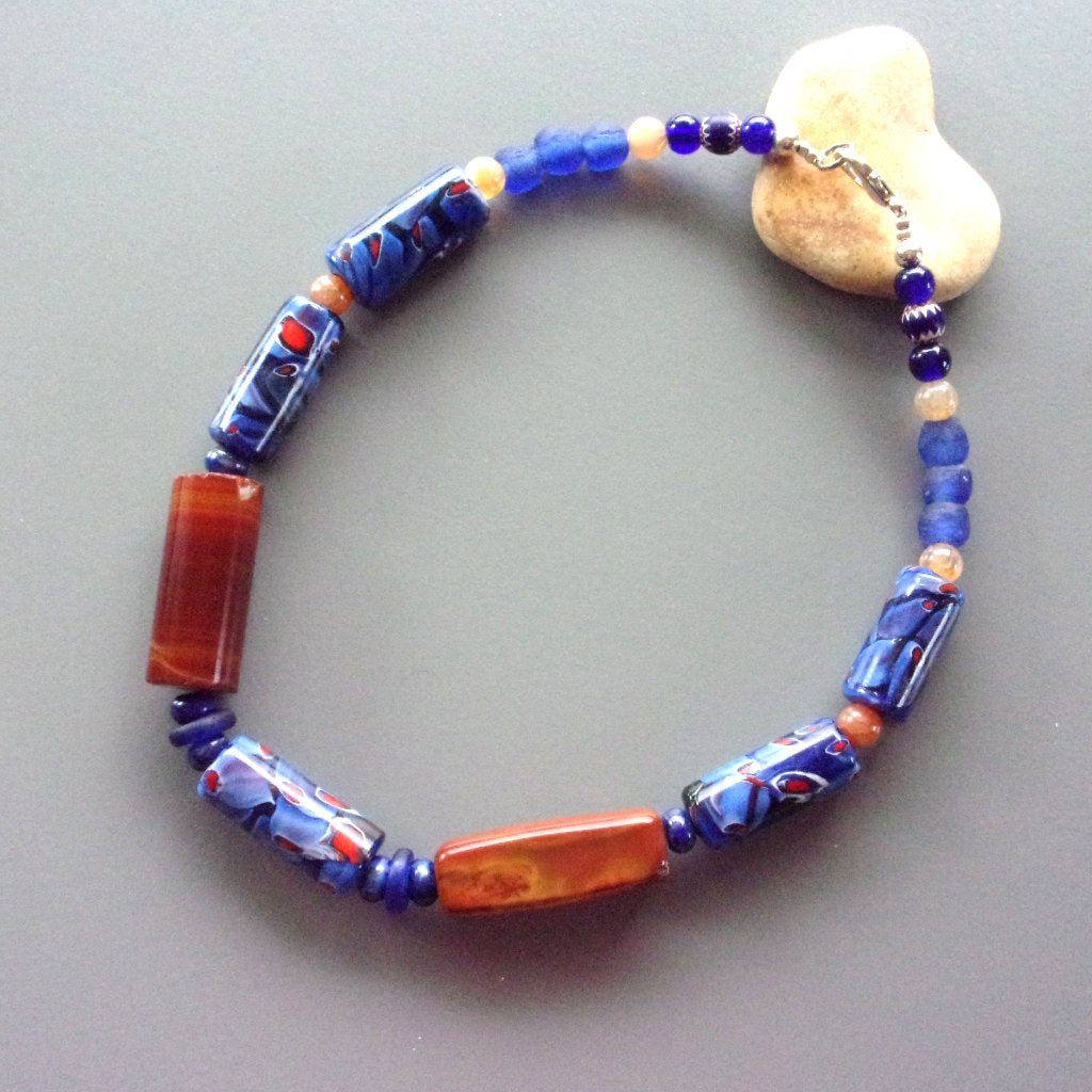 Ketting antieke ruilkralen Millefiori uit Venetië, carneool, Blauw, Nieuw, Ophalen of Verzenden, Steen of Mineraal