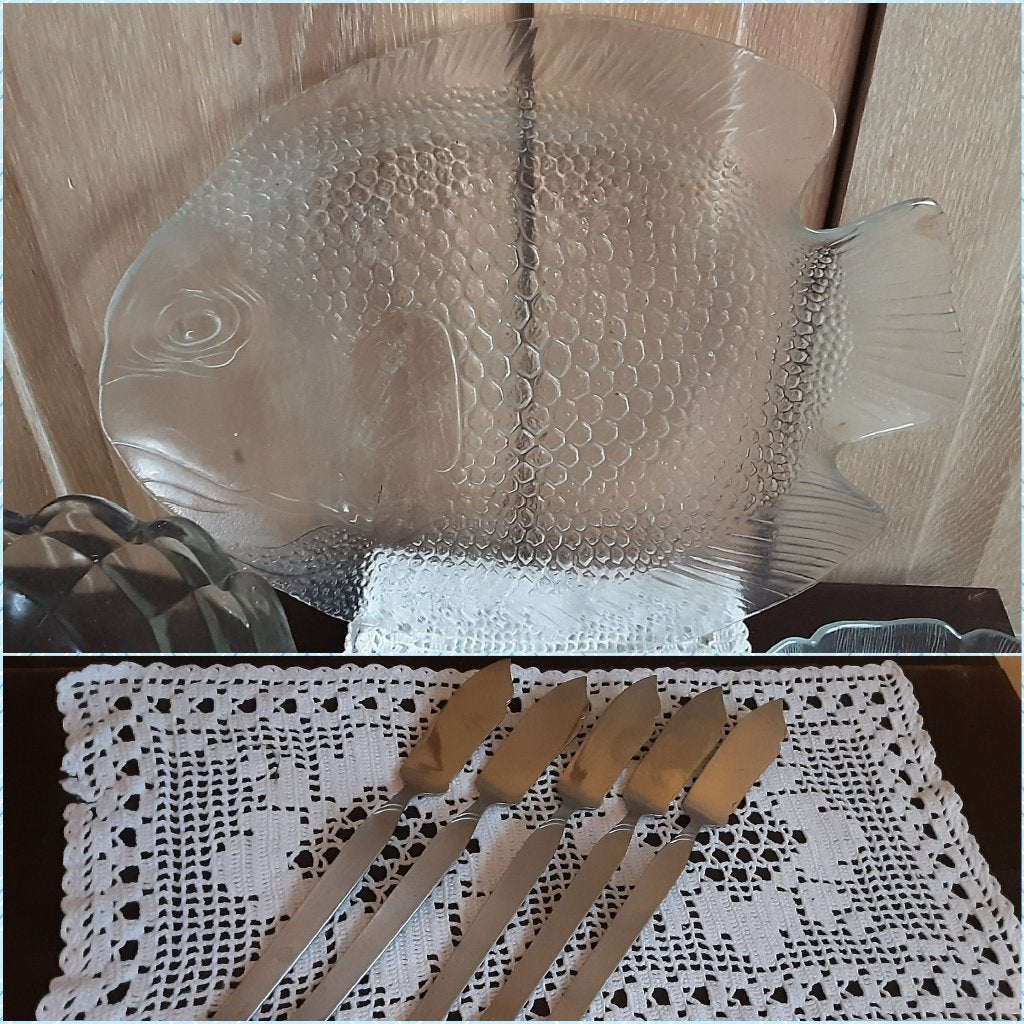 Zeer mooie grote glazen vis schaal + 5 inox messen voor vis, Ophalen of Verzenden, Zo goed als nieuw, Glas, Schaal of Schalen
