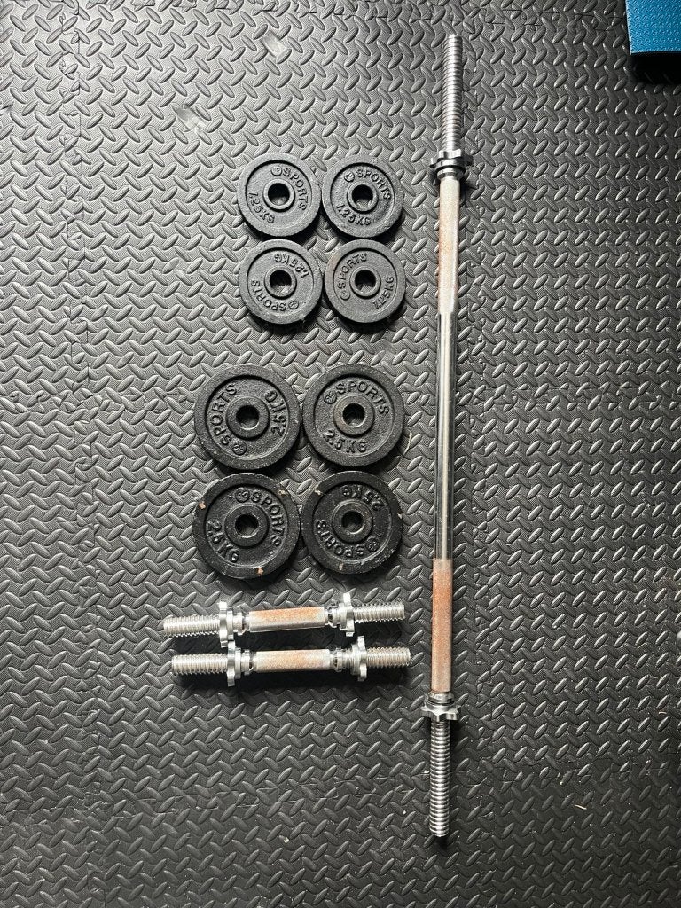 Complete halterset met 3 stangen en 15 kg gewichten, Sport en Fitness, Ophalen, Gebruikt, Halterset