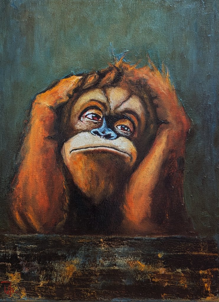 "Orang-oetan. Reflecties over het leven.", Antiek en Kunst, Handgeschilderd, Verzenden, Dieren, Olieverf