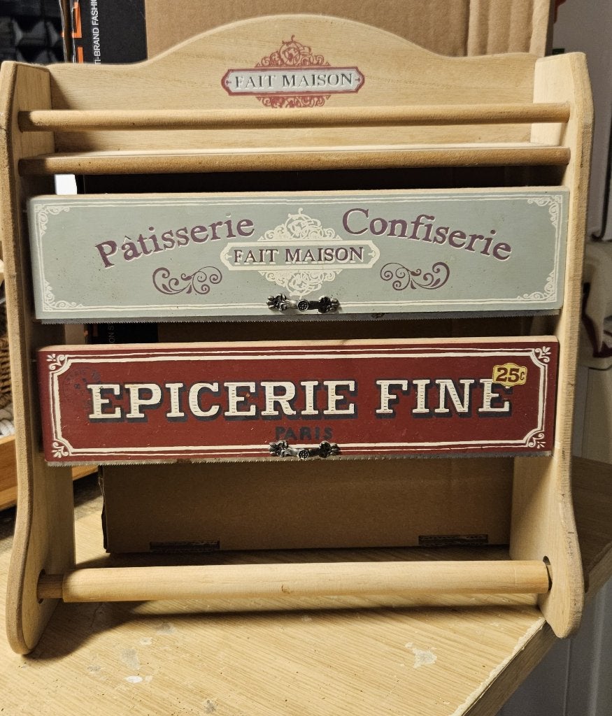 Houten keukenrolhouder met Franse tekst, Enlèvement ou Envoi, Utilisé