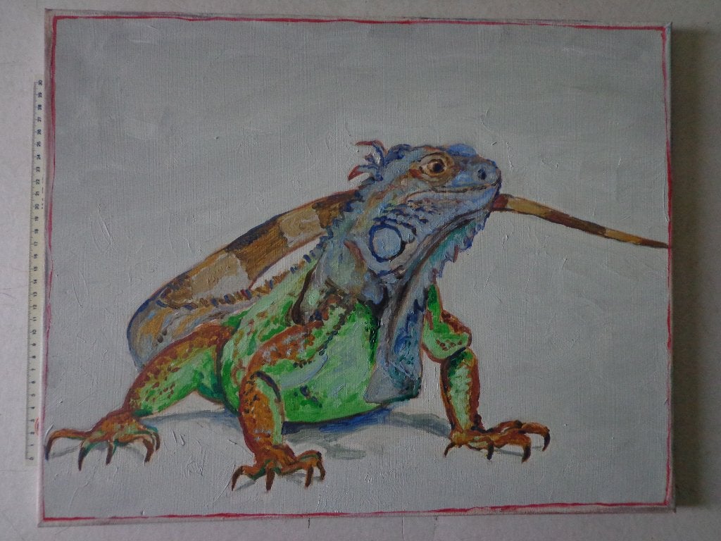 leuk schilderij "Jonge leguaan met lange staart" KH 2020, Handgeschilderd, Ophalen of Verzenden, Dieren, Olieverf