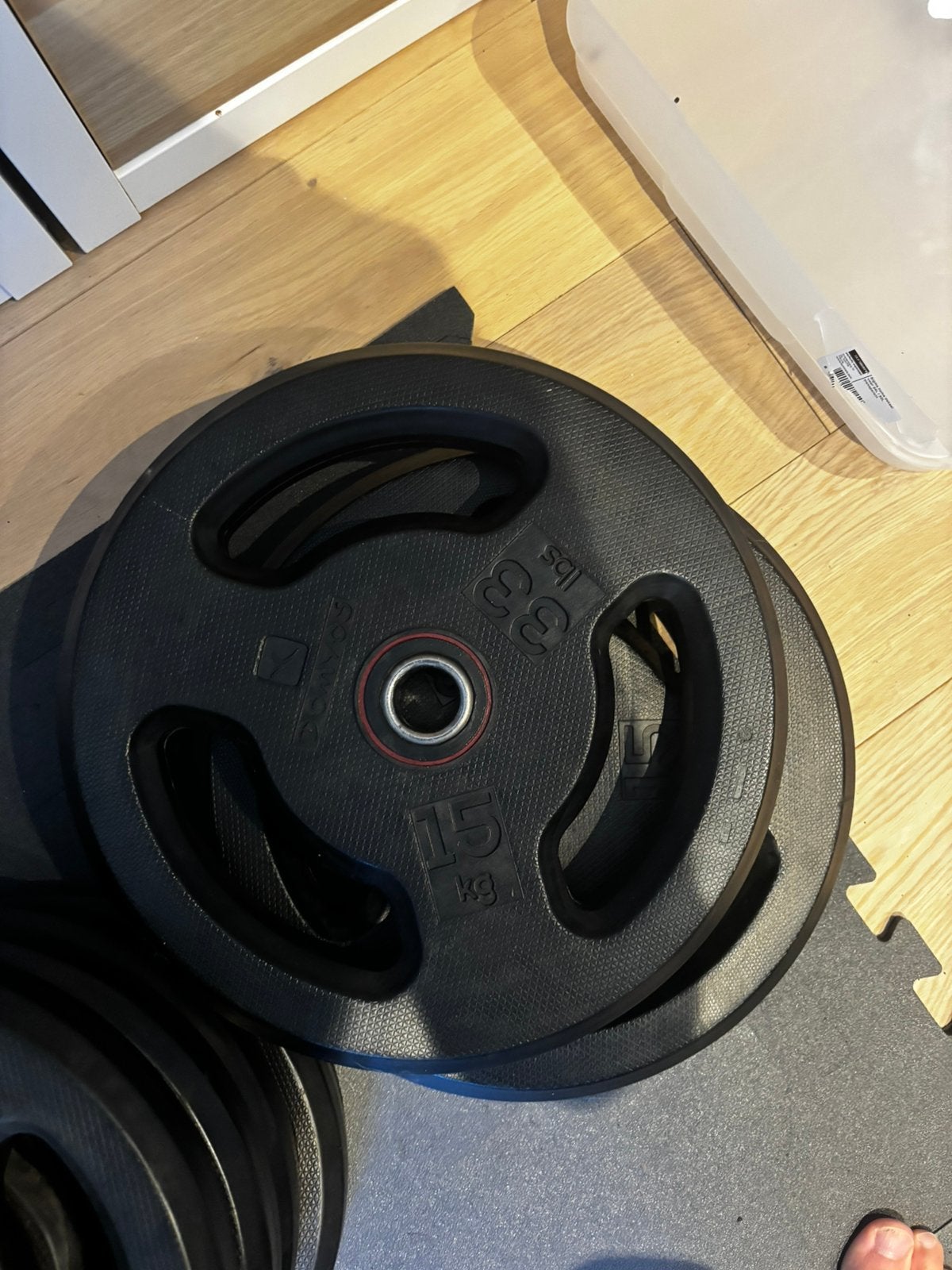 Decathlon haltertrainingsset 87,5 kg schijven + bar, Sport en Fitness, Fitnessmaterialen, Ophalen, Zo goed als nieuw, Halterschijven