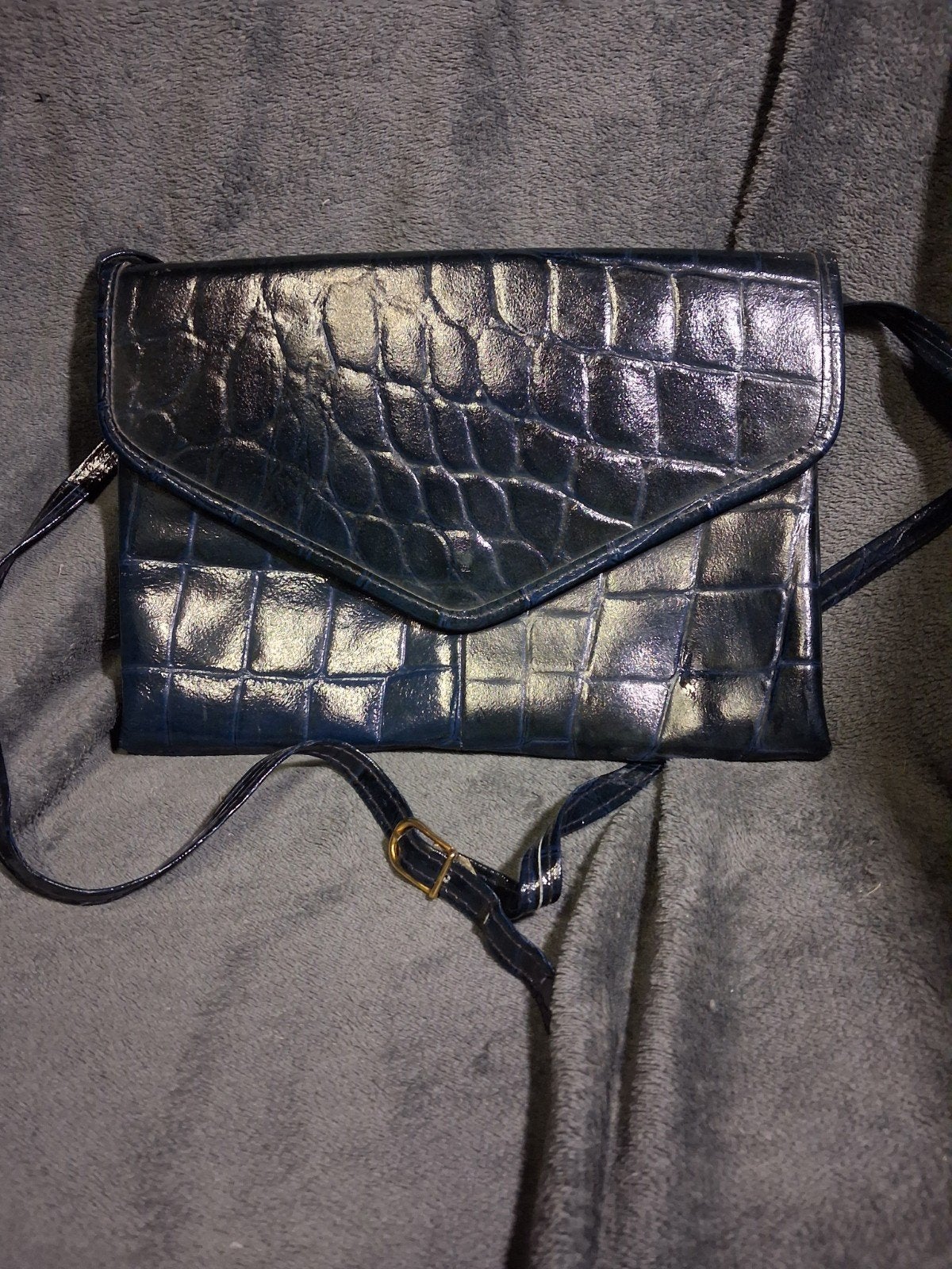 Vintage donkerblauwe handtas krokodillenmotief, Handtassen en Accessoires, Tassen | Damestassen, Ophalen, Handtas