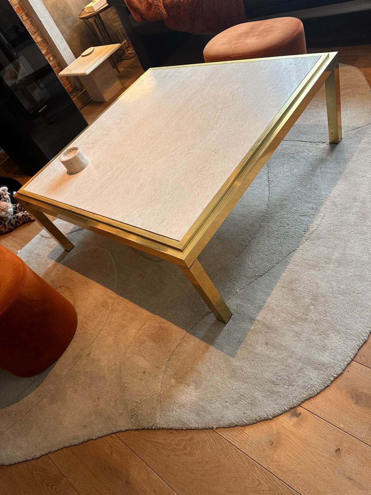 Table basse vintage en travertin/laiton, Enlèvement, Utilisé