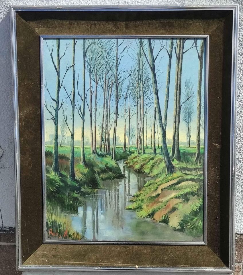 Huile sur panneau signe Rudy x, Antiquités & Art, Art | Peinture | Classique, Enlèvement ou Envoi, Panneau