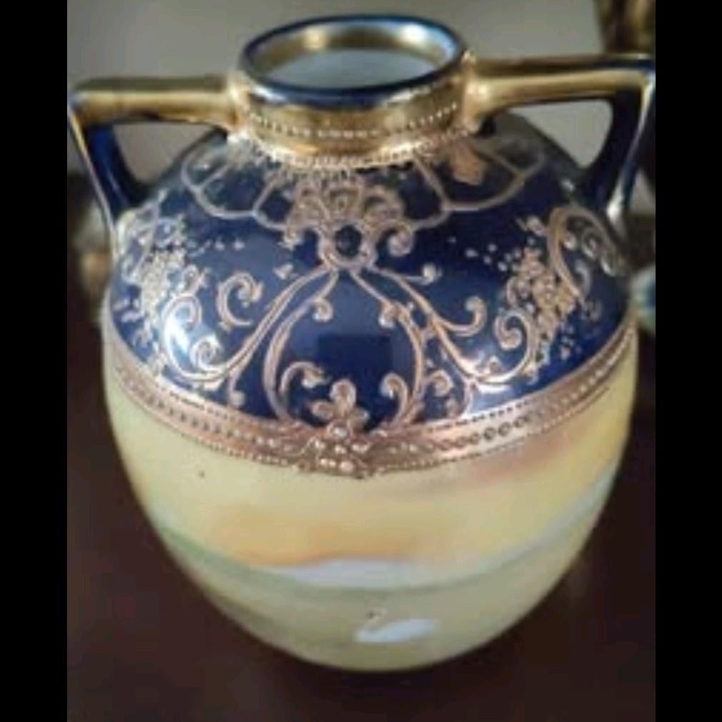 Antieke Nippon handgeschilderde vaas met 2 zwanen., Antiek en Kunst, Ophalen of Verzenden