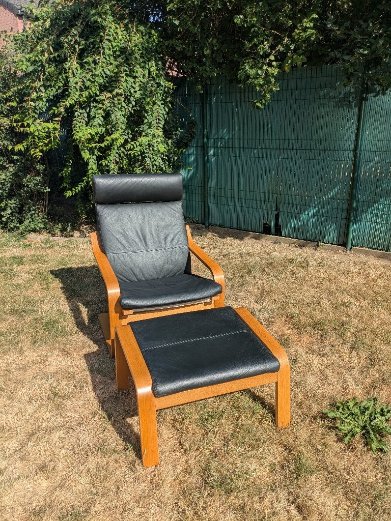 IKEA fauteuil (model Poäng) en zwarte leren voetsteun, Ophalen, Gebruikt, Zwart, Eén