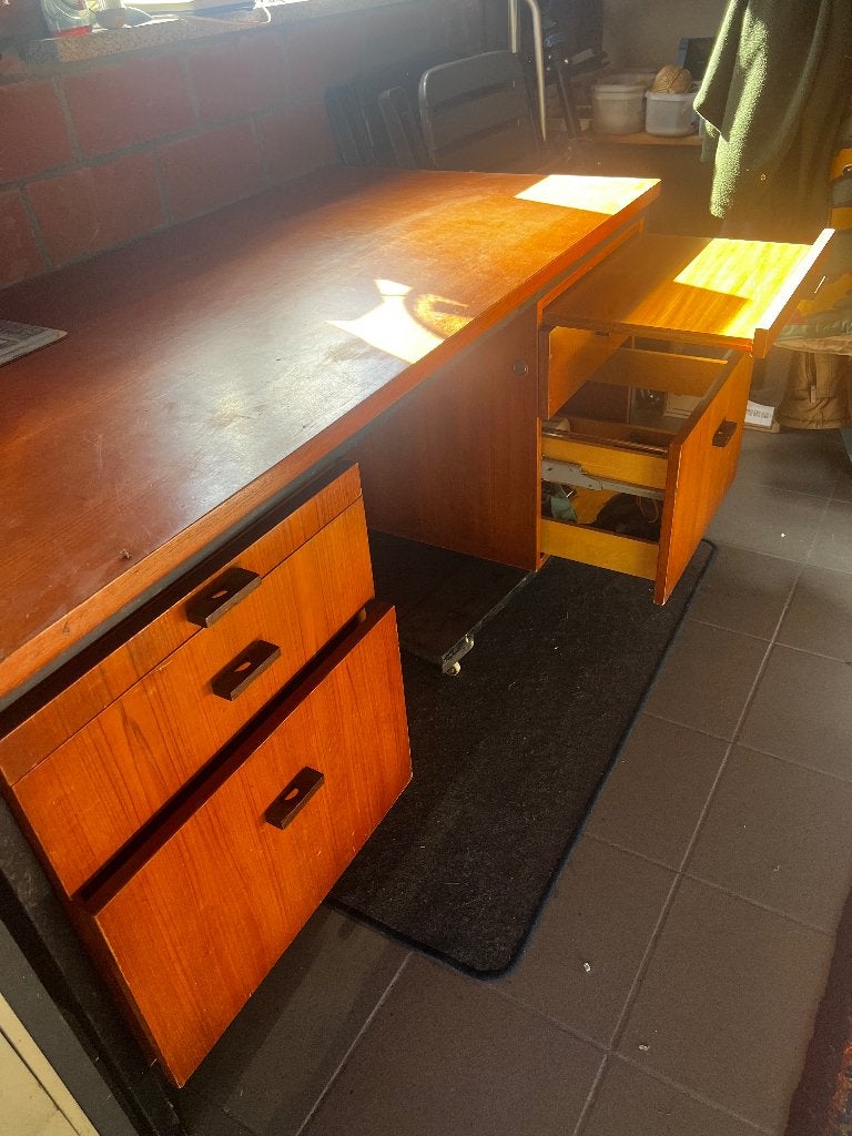 Vintage bureau hout & metaal / Industrieel, Ophalen, Gebruikt, Hout, Industrieel