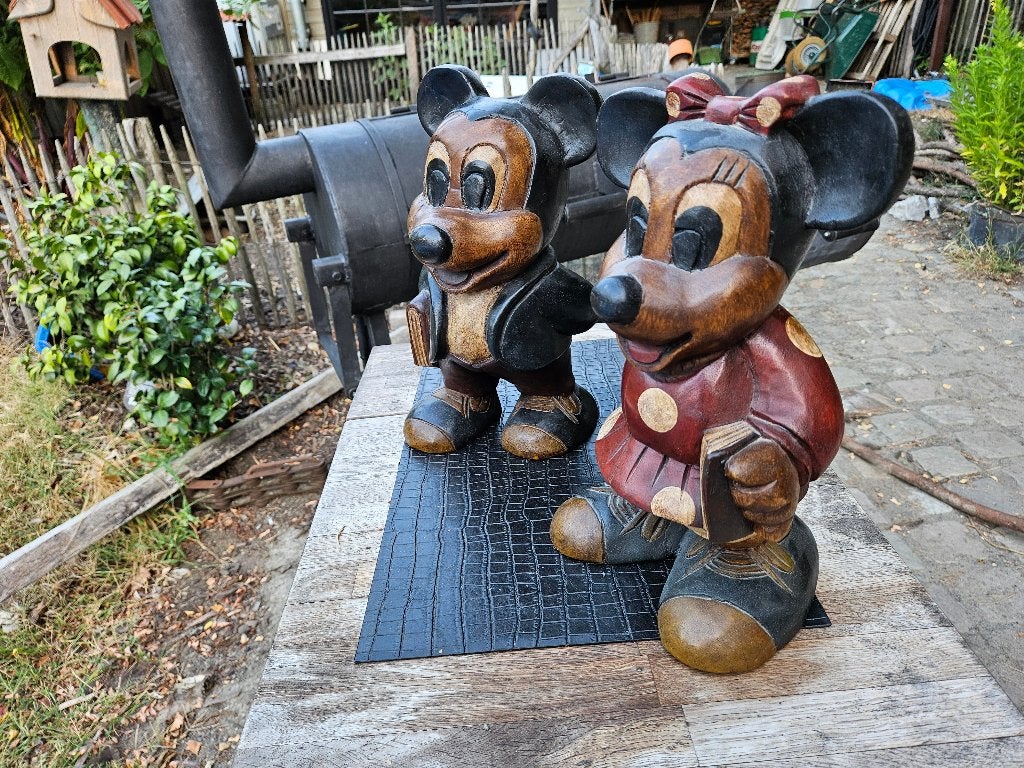 SET 2x GROOT Houten Mickey & Minnie 40cm - Handgesneden Teak, Verzamelen, Ophalen of Verzenden, Mickey Mouse, Gebruikt, Beeldje of Figuurtje