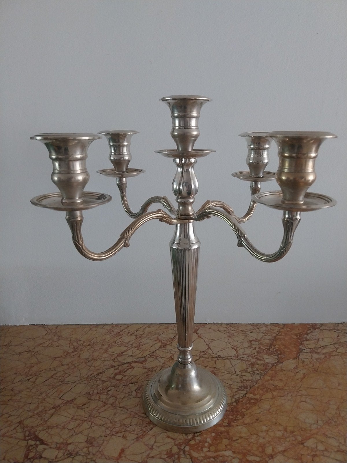 grote vintage kaarsenhouder vermessingd met 5 armen, Ophalen of Verzenden