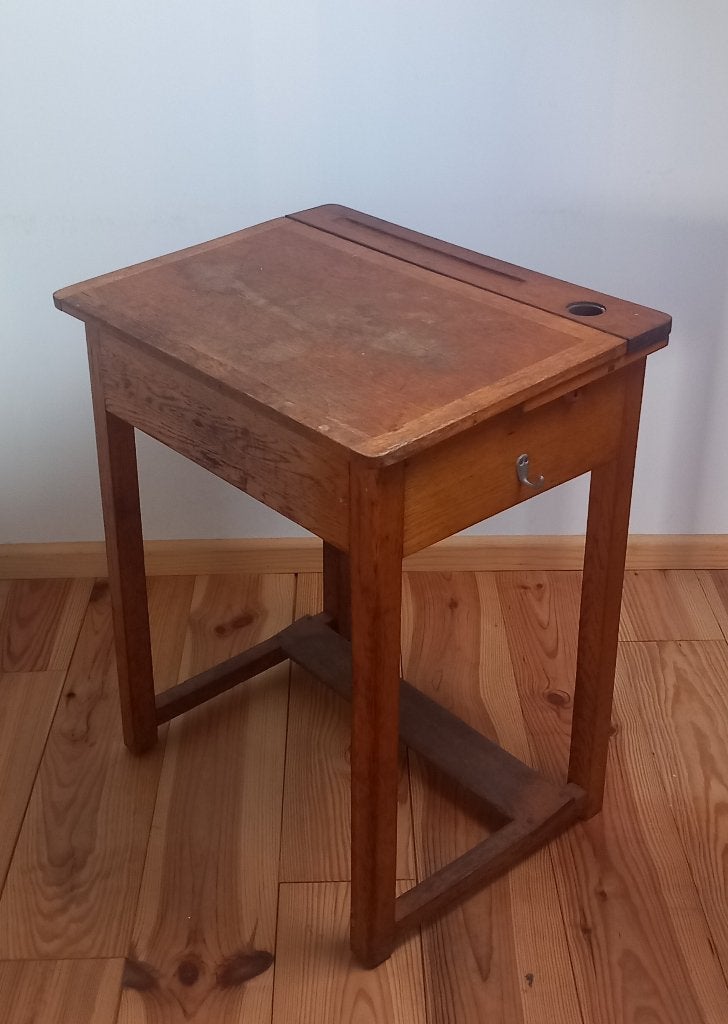 Vintage houten schoolbank/lessenaar - brocante - decoratie, Ophalen, Opbergruimte, Gebruikt, Hout
