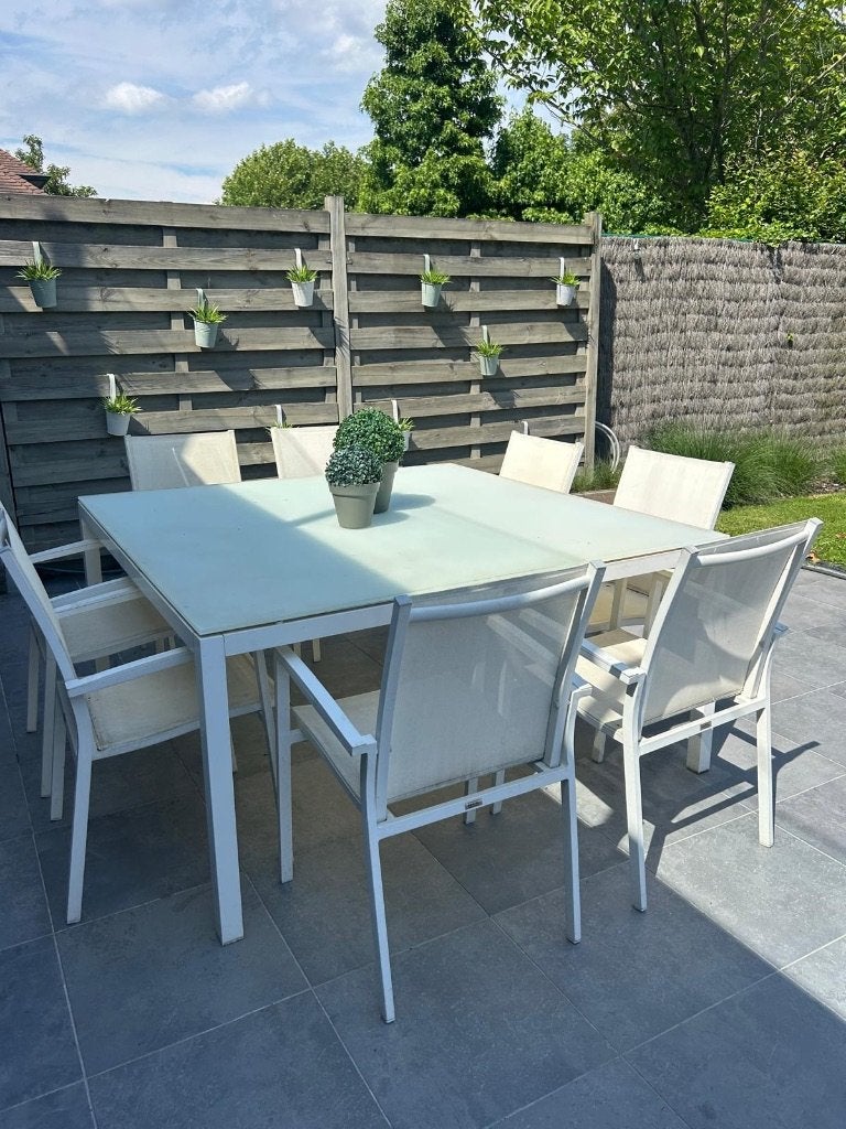 Tuintafel met 8 stoelen van het merk Bristol, Ophalen, Gebruikt, Vierkant, Aluminium