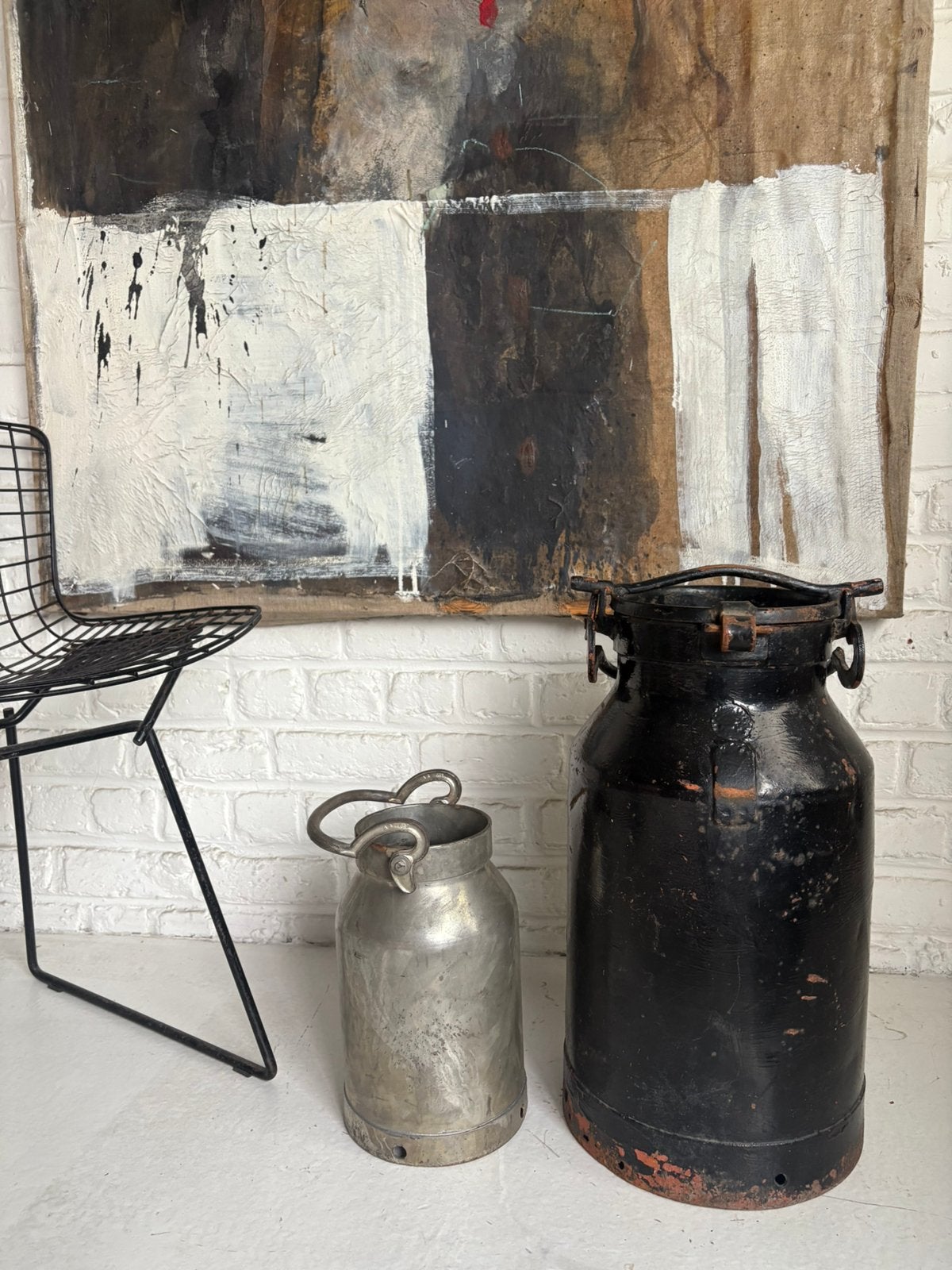 2 x Pot de laiterie ancien métal charme industriel vintage, Antiquités & Art, Enlèvement, Vase, Argent, Métal