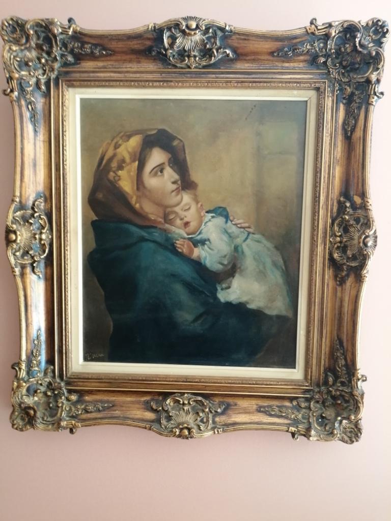 moeder met kind ( hoogte 85cm---breedte75cm) kader incl., Antiek en Kunst, Ophalen of Verzenden