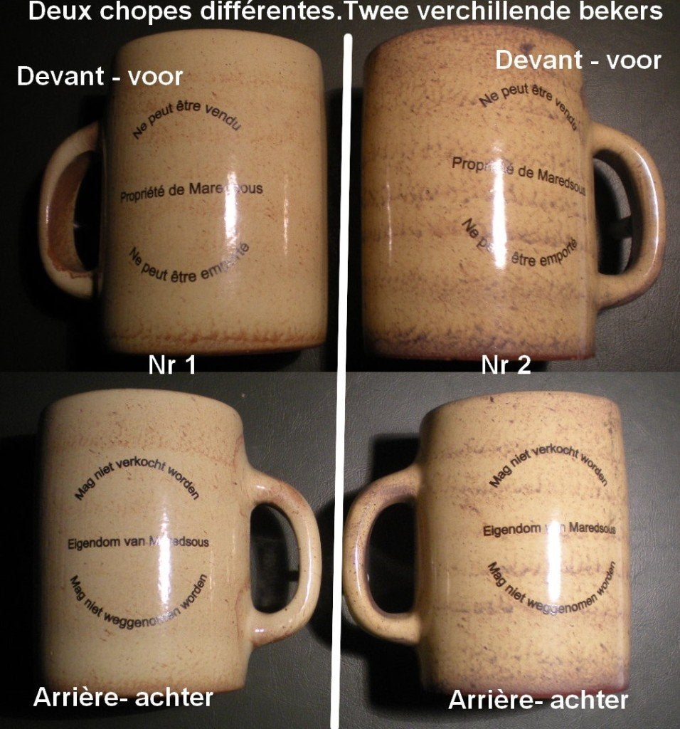 MAREDSOUS Deux chopes différentes(anses) avec texte bilingue, Collections, Enlèvement ou Envoi, Comme neuf, Chope(s)
