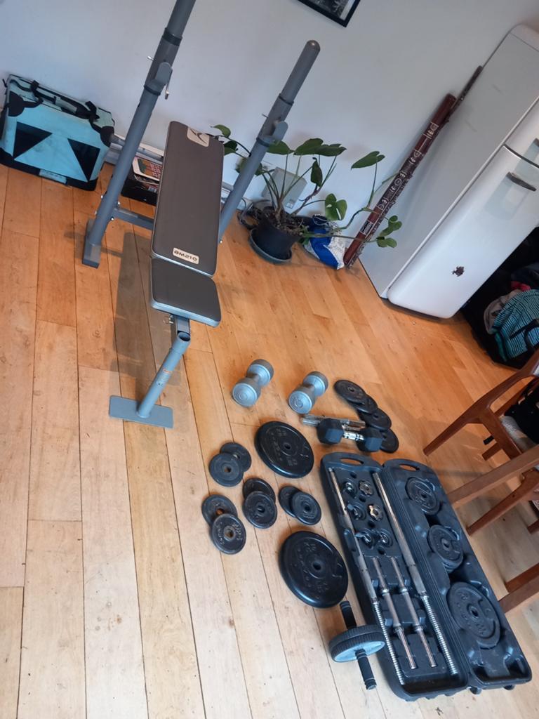 Fitness bench press compleet + extra halters, Sport en Fitness, Ophalen, Benen