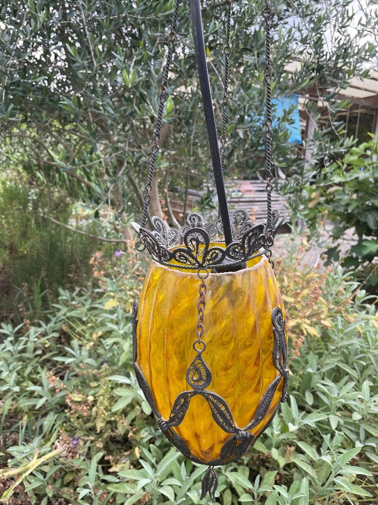 Hanglamp uit glas en metaal, Ophalen, Gebruikt, Glas