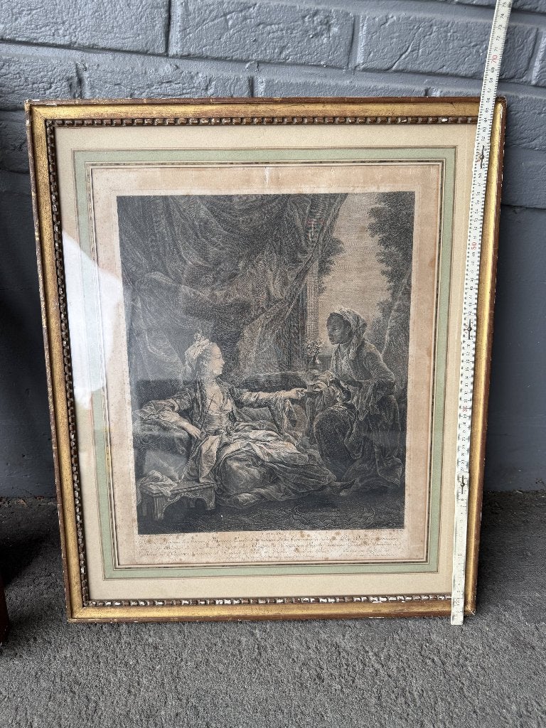 Grande gravure XVIIIe La Sultane – d’après Carle Van Loo, Encadré, Enlèvement ou Envoi, Gravure, Vie quotidienne