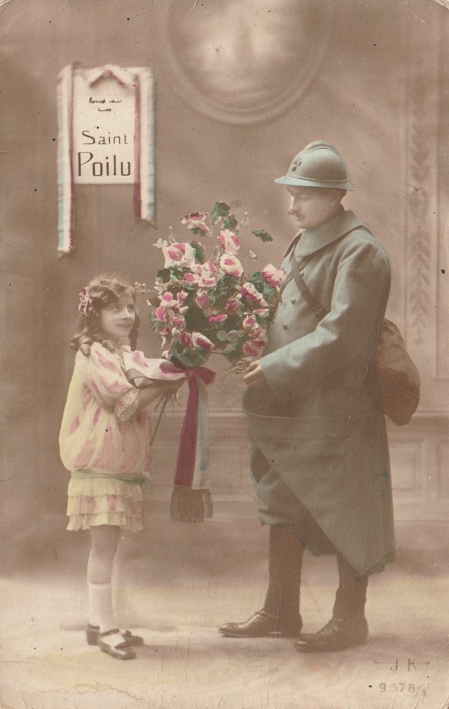 MILITAIR  FANTASIE -  Meisje geeft bloemen aan haar papa !, Verzamelen, Postkaarten | Themakaarten, Ophalen of Verzenden, Gelopen