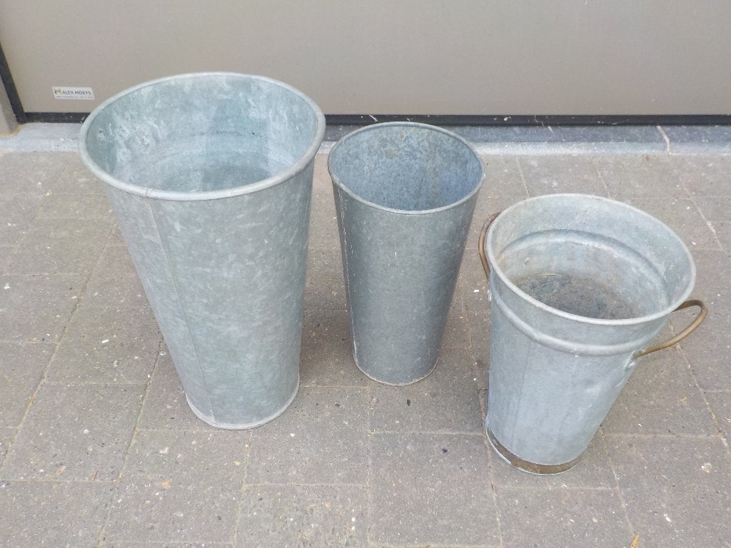 Lot van 3 zinken vazen / bloempotten, Jardin & Terrasse, Pots de fleurs, Enlèvement