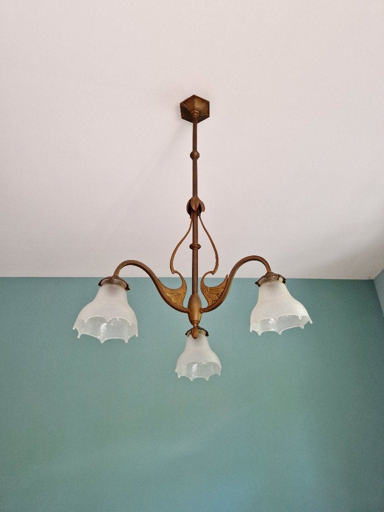 Lustre Art Nouveau en laiton et verre dépoli, début XXe, Enlèvement ou Envoi