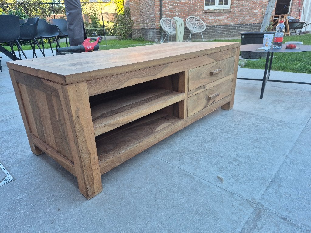 Teak houten tv meubel met schuifdeuren 120 cm, Ophalen, 100 tot 150 cm, Teakhout, Zo goed als nieuw