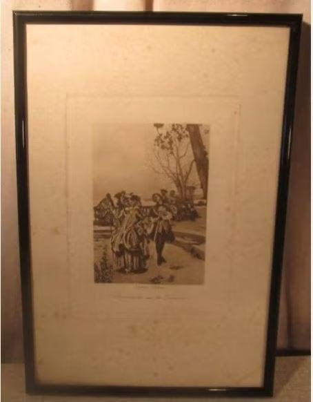Gravure ancienne 'Promenade sur la terrasse' - 31x21, Antiquités & Art, Enlèvement ou Envoi, Vie quotidienne, Gravure, Encadré
