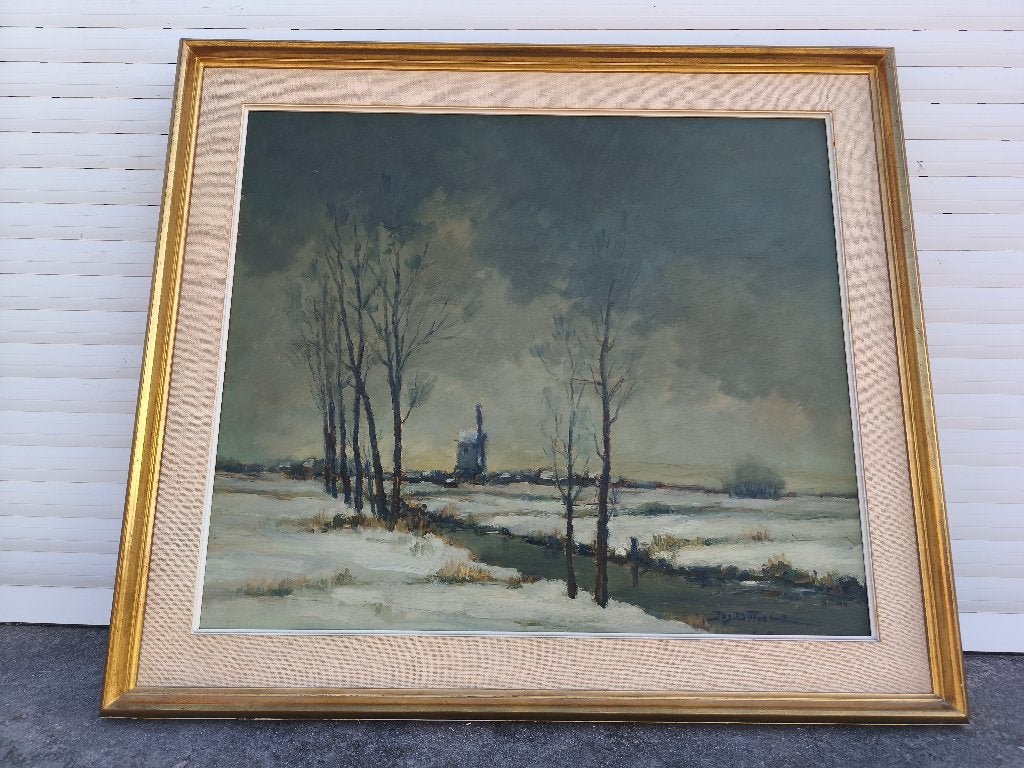 Huile sur panneau hiver en flandre signe jos dufour, Antiquités & Art, Enlèvement, Panneau
