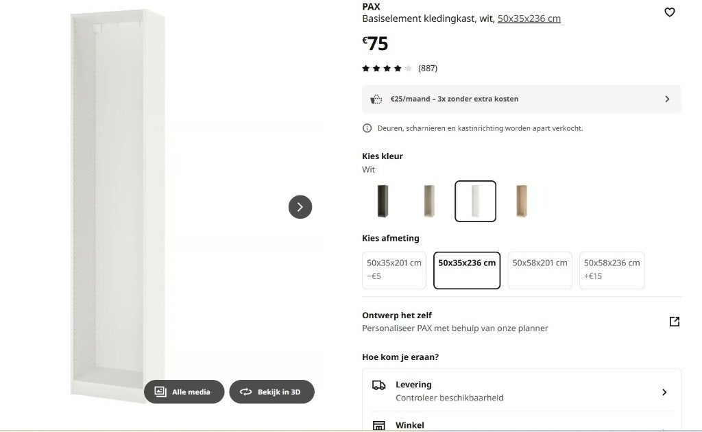 ikea PAX Basiselement kast, wit, 50x35x236 cm (604.582.13), 25 à 50 cm, Comme neuf, Enlèvement, Autres essences de bois