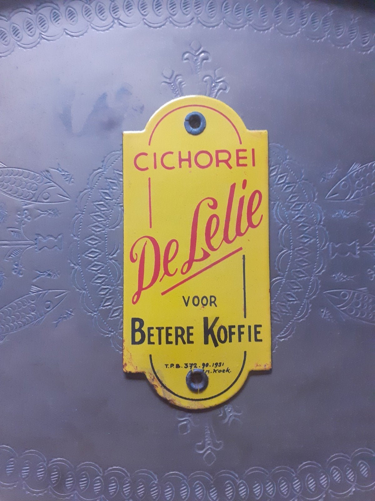 Poteau de porte en émail De Lelie Chicory 1951 Em. Koekelber, Collections, Enlèvement, Panneau publicitaire