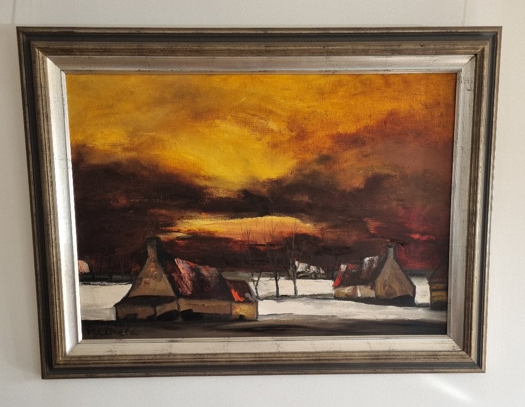 Paul PERMEKE (1918-1990) - Winterlandschap met boerderijen, Antiek en Kunst, Doek, Expressionistisch, Ophalen of Verzenden, Olieverf