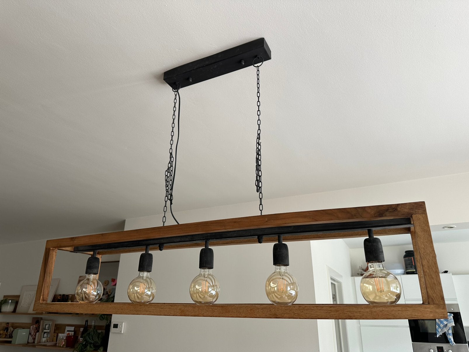 Stoere houten hanglamp met 5 lampen–landelijk & industrieel, Enlèvement, Comme neuf