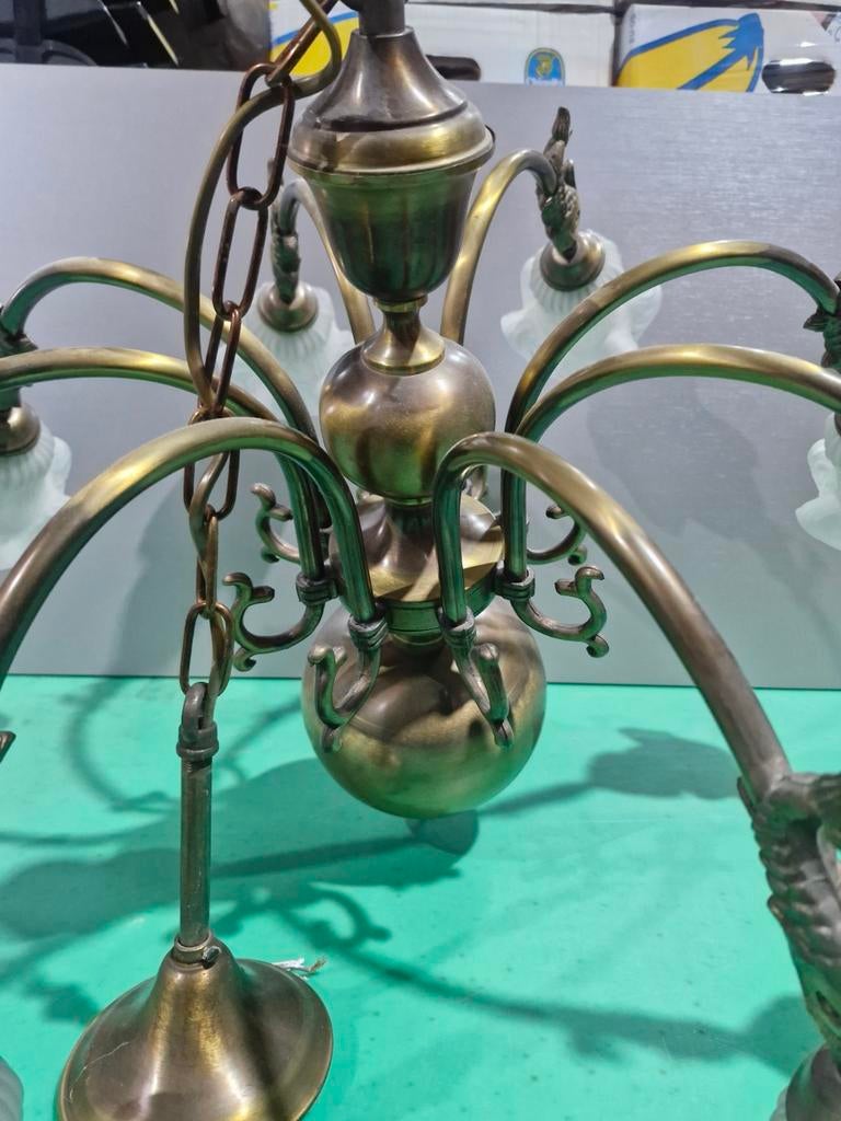 Koperen luster met vis versiering met 8 lampen, Antiek en Kunst, Ophalen