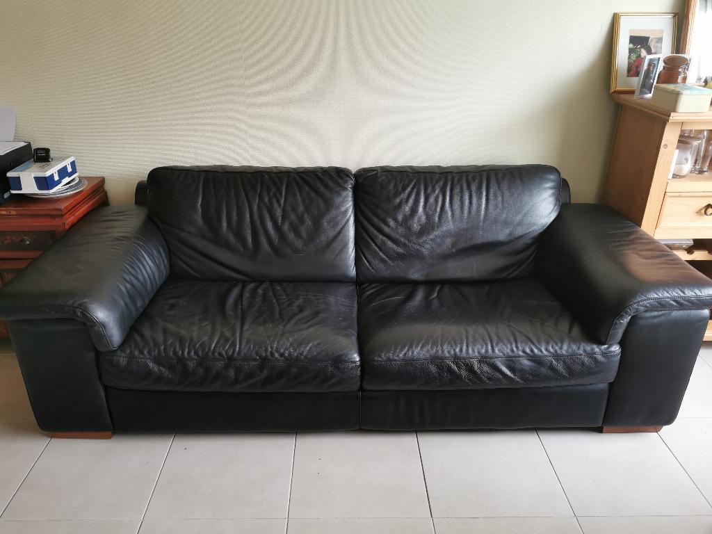Zwarte lederen 3-zitbank (zetel) – 240 cm – Echt leer, Huis en Inrichting, Ophalen, Gebruikt, Driepersoons, Tijdloos, minimalistisch met lichte jaren 90–2000 invloeden