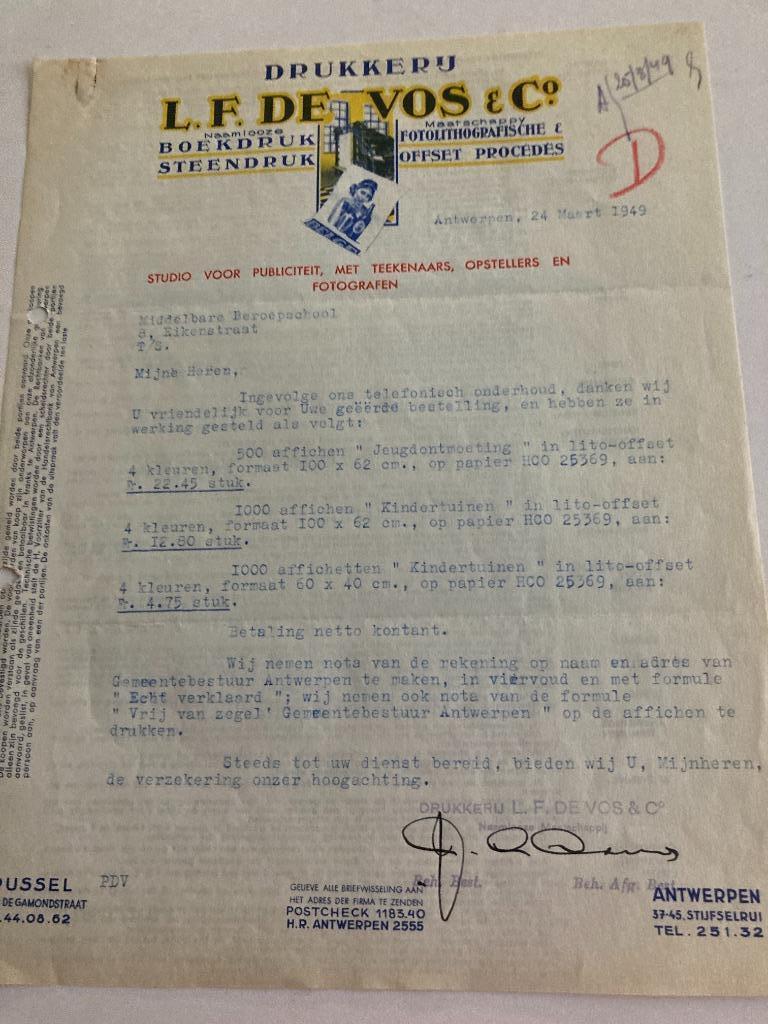 Antwerpen :Oud factuur Drukkerij L.F. De Vos 1949 (steendruk, Ophalen of Verzenden, Gebruikt, Overige typen