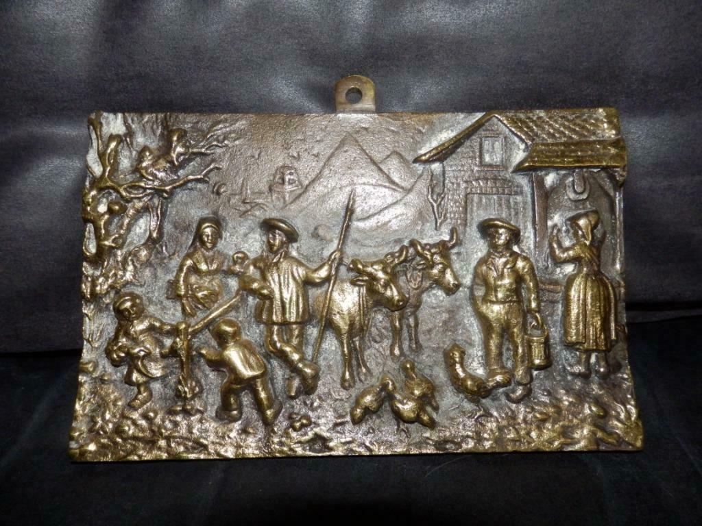 antieke koperen plaquette ; tafereel mensen en dieren, Antiek en Kunst, Antiek | Brons en Koper, Ophalen of Verzenden, Koper