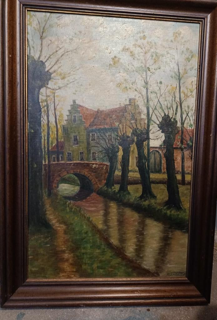 Schilderij R. van Diegem - Dorpsgezicht met brug, Antiquités & Art, Art | Peinture | Classique, Enlèvement