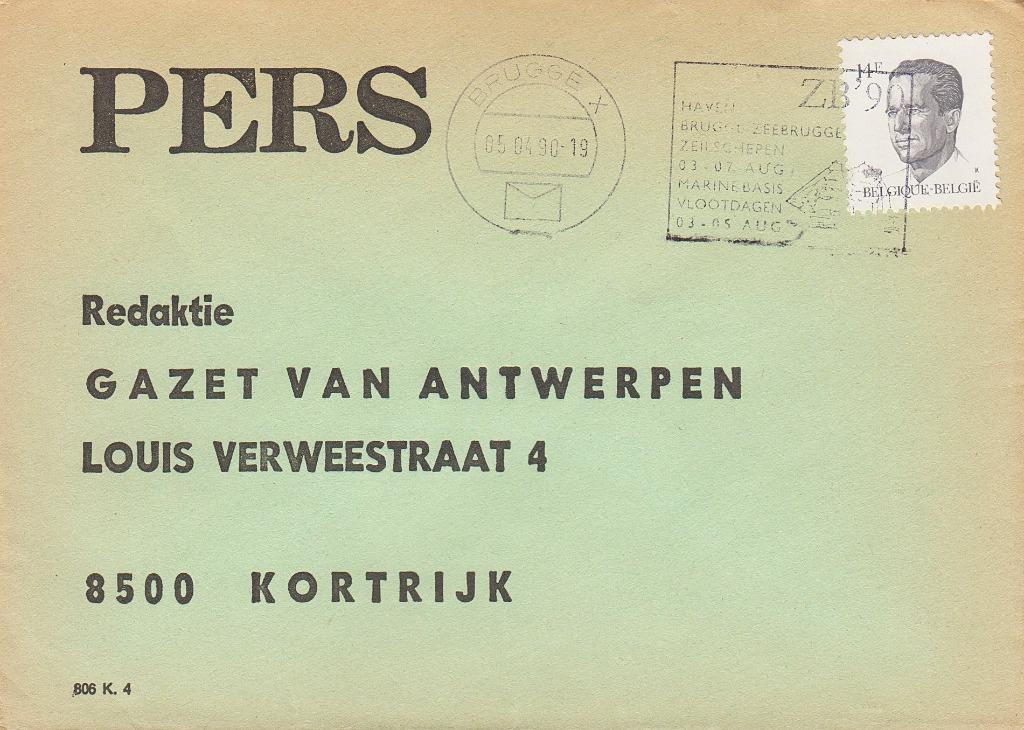 1990 - BELGIQUE - Enveloppe Gazet van Antwerpen + Boudewijn, Oblitéré, Chefs d'Etat, Affranchi, Avec enveloppe