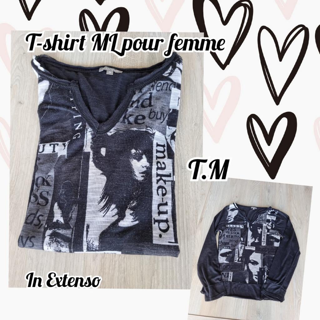 T-shirt ML pour femme-noir Avec motifs-In Extenso-T.M, Kleding | Dames, Maat 38/40 (M), Zwart, Ophalen of Verzenden, Lange mouw