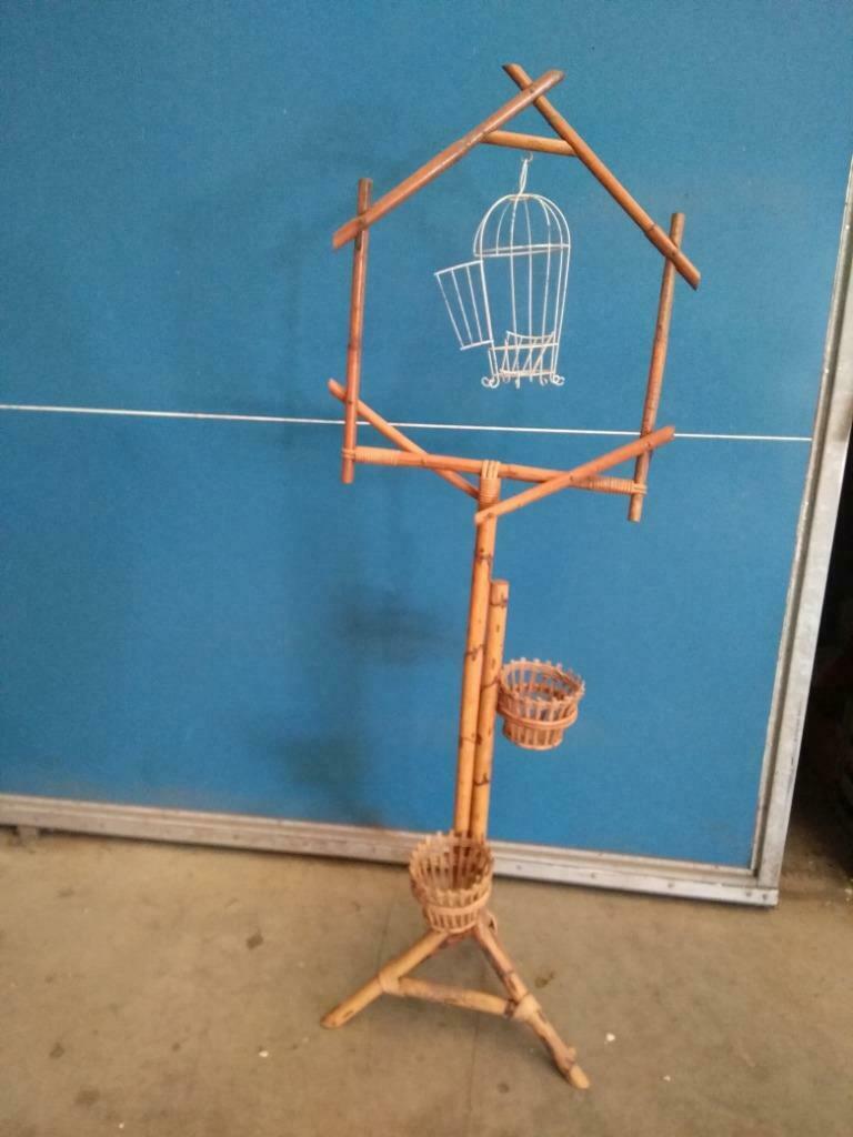 vintage  plantenstaander met vogelkooitje, Ophalen
