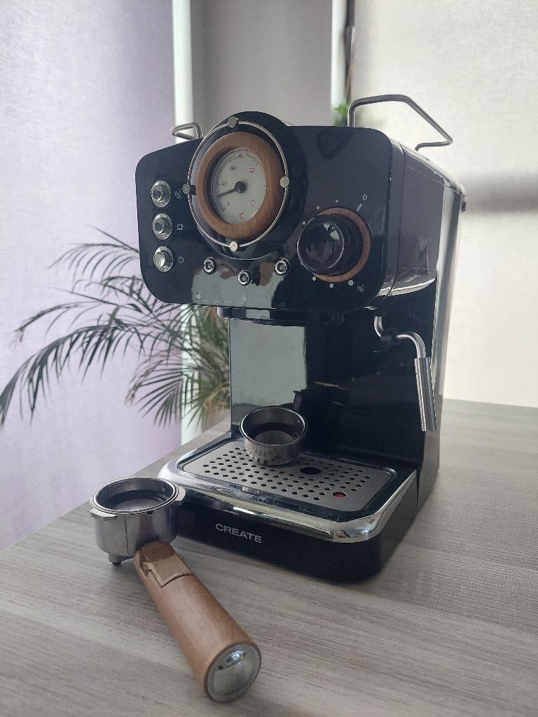 CREATE Retro Express Koffiemachine - Zwart & Naturel Hout, Electroménager, Cafetières, Comme neuf, Café moulu, Machine à espresso