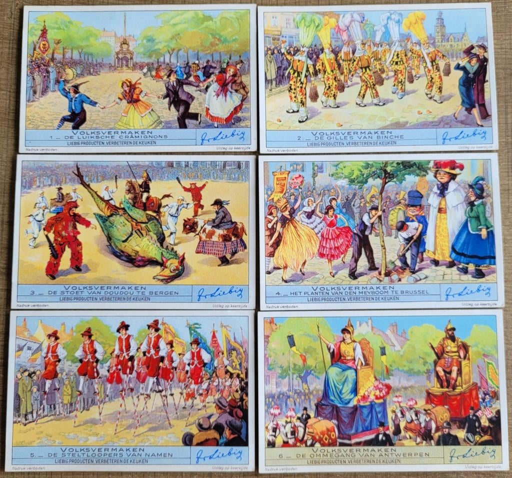 6 oude Liebig prenten: Volksvermaken, Enlèvement ou Envoi, Utilisé, Autres sujets/thèmes, Gravure